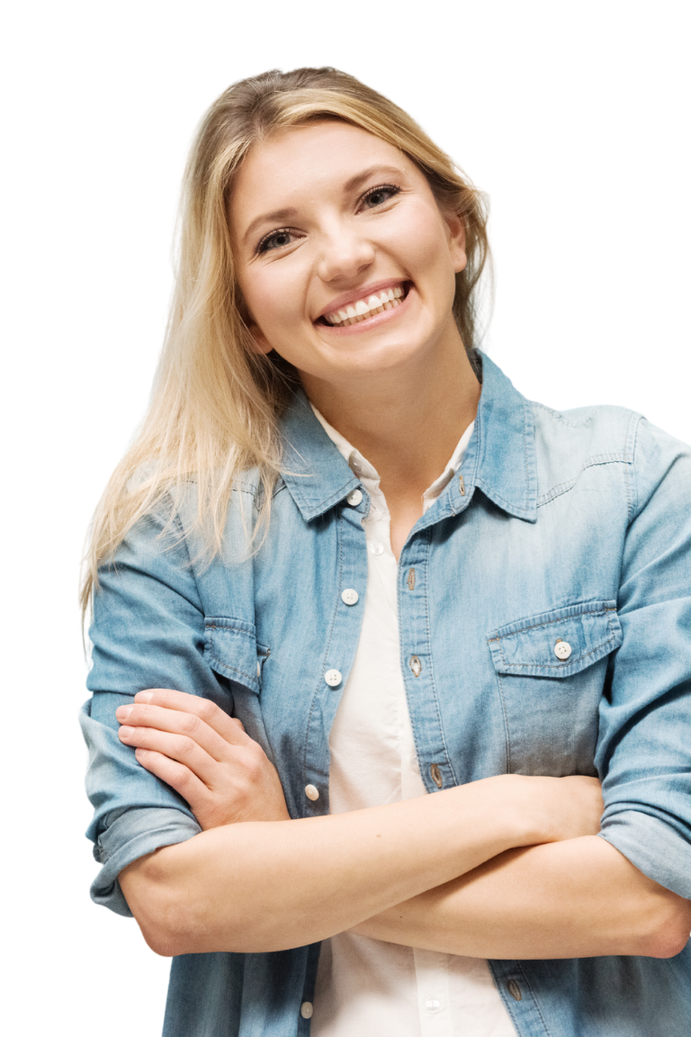 blonde woman standing smiling with arms crossed